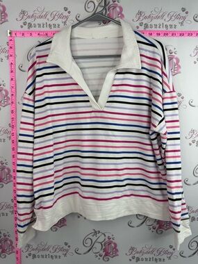 Tristan sweater collared stripes White Striped V-Neck Collared Long-Sleeve Top